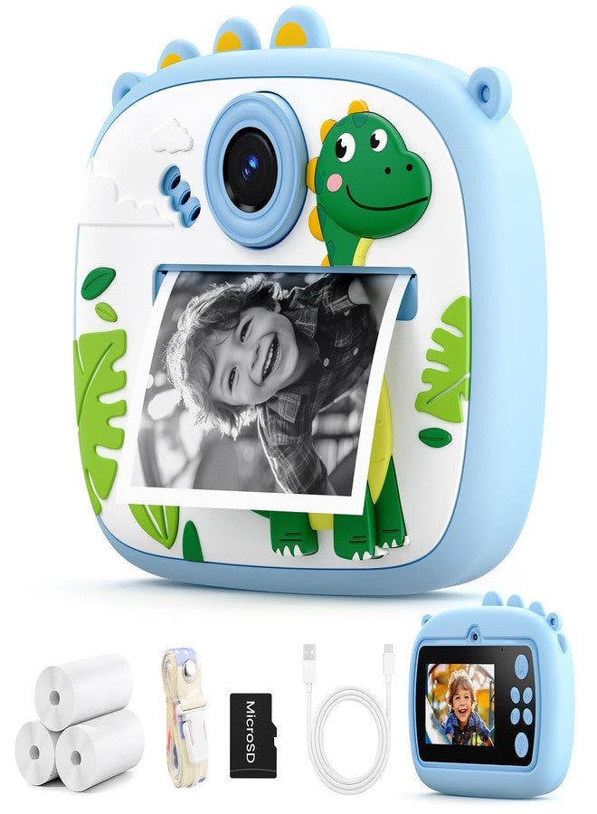 YOZISS Camera Instant Print, Digital Camera with Silicone Cover, Selfie Cam No-Ink Instant Print with SD Card & 3 Rolls Paper (Blue Dinosaur) - Image 1